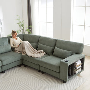 English Elm 102.75*102.75" L-Shaped Modular Sectional Sofa with Corduroy Upholstery, Storage Arm, Cup Holder, 5-Seat Convertible Lounge Green W1926S00054