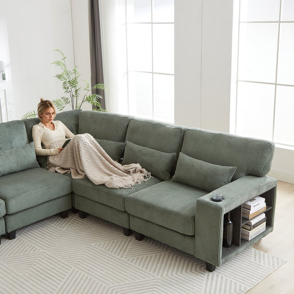 English Elm 102.75*102.75" L-Shaped Modular Sectional Sofa with Corduroy Upholstery, Storage Arm, Cup Holder, 5-Seat Convertible Lounge Green W1926S00054