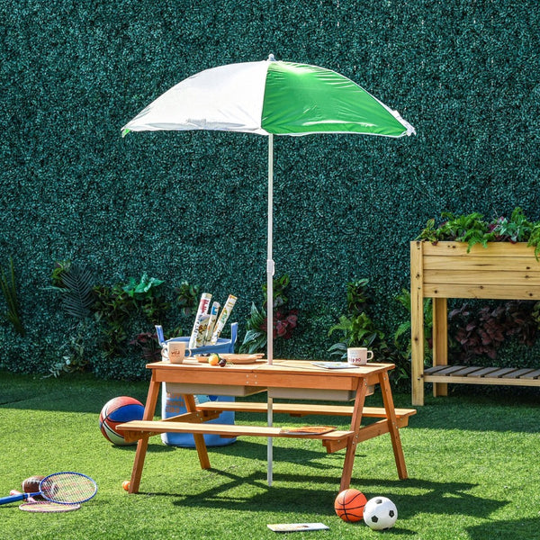 English Elm Outsunny Solid Fir Wood Kids Picnic Table with Shade Umbrella and Sand Basin W2225P217336