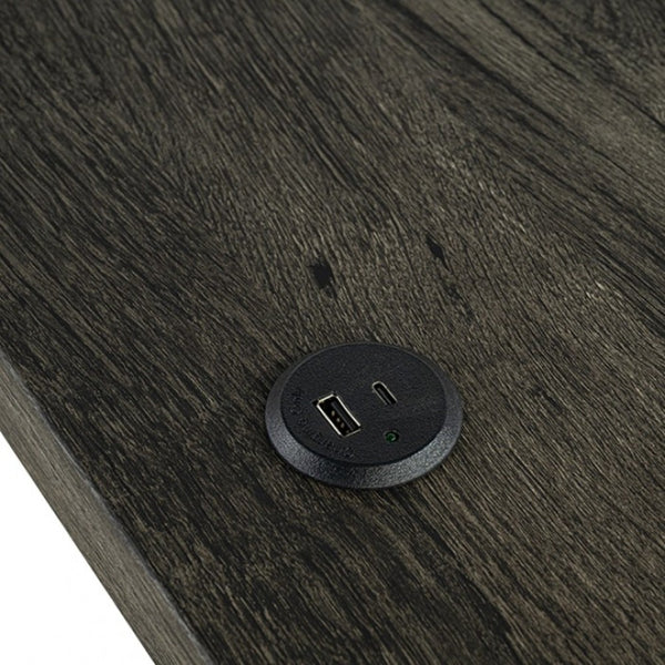 English Elm Modern Brown Dining Table Set with USB-A & USB-C Ports, 3 Biscuit-Tufted Stools, Space-Saving Elegance B011P302805