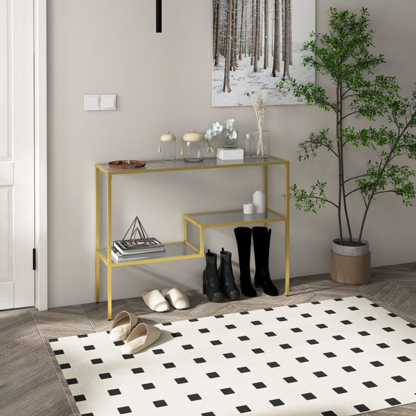 English Elm HOMCOM Gold Console Table 39" Tempered Glass Narrow Entryway Table with 3 Shelves, Steel Frame elegant stabilization W2225P217214