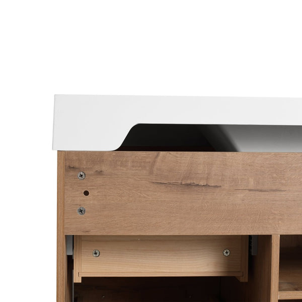 English Elm 48" Floating Bathroom Vanity Dual Ceramic Vessel Sinks Oak Finish Soft Close Doors W999S00527