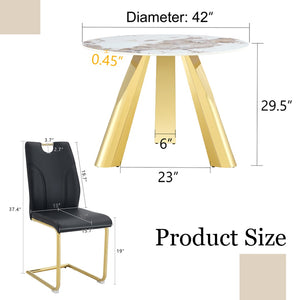 English Elm Table 42-Inch White Imitation Marble Dining Set With 6 Elegant Black Chairs & Gold Metal Legs W2920S00052-GIGA