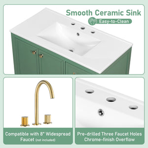 English Elm Christopher Knight Home® - 36" Vintage-inspired Bathroom Vanity with Ceramic Sink, Solid Wood Frame, Soft-Close Drawers, Spacious Storage Green N759P293646F