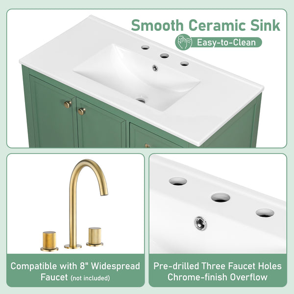 English Elm Christopher Knight Home® - 36" Vintage-inspired Bathroom Vanity with Ceramic Sink, Solid Wood Frame, Soft-Close Drawers, Spacious Storage Green N759P293646F