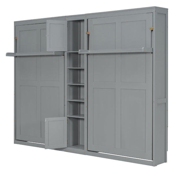 English Elm Dual Twin Wall Murphy Beds with Storage Tower Shelves for Kids or Guest Rooms Gray N820S00058E-1