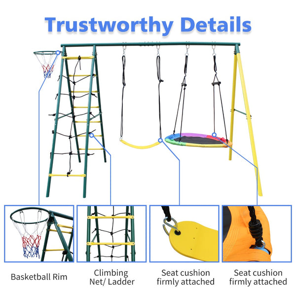 English Elm 4 in 1 Kids Outdoor Swing Set Steel A-frame with Climbing Net and Basketball Hoop W1408P169751