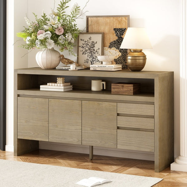 English Elm U_Style 60" Modern Sideboard - Stylish 3-Door Storage Cabinet With Drawers & Cable Management Solution N711P289141O-GIGA