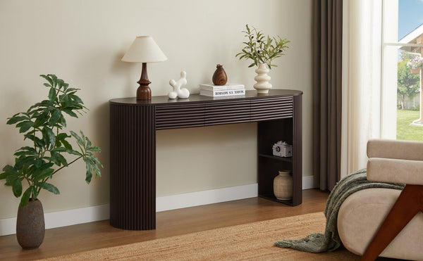 English Elm [video] Retro Fluted Console Table with 3 Drawers Open Niche Mid-century Entryway Espresso N759P283616D