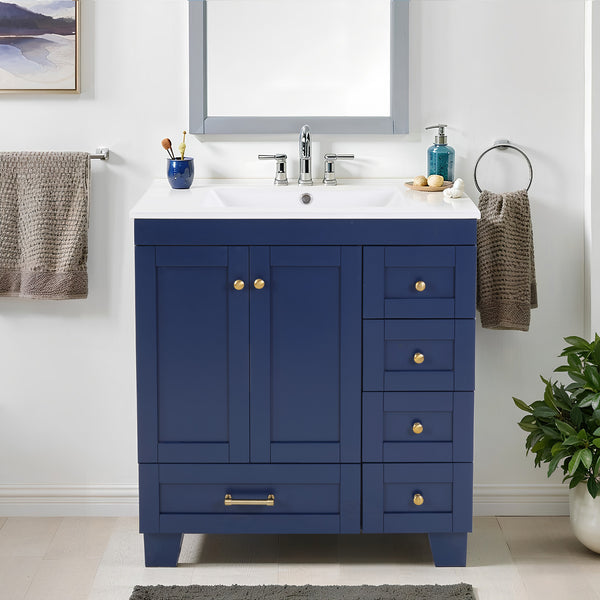 English Elm 30" Vanity with Ceramic Sink and Solid Wood Frame, Soft-Close Drawers, Compact Coastal Style, Durable Construction Blue W2896P344081