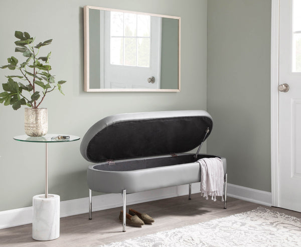 English Elm Chloe Glam Storage Bench with Flip-Top Lid, Grey Faux Leather & Chrome Base—Contemporary 49" Seating B202P223834