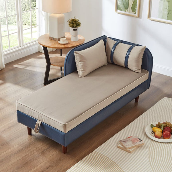 English Elm 65" Velvet Storage Chaise Lounge with Pu Leather Panels Eucalyptus Frame Accent Seat Blue+Grey W1097P434118