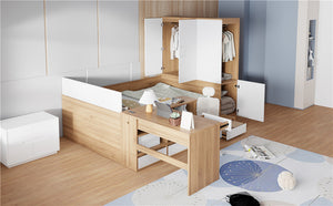 English Elm Full Size Wooden Platform Bed With 6 Drawers, Desk, Shelves & Wardrobe - Stylish Natural Finish N820S00060N