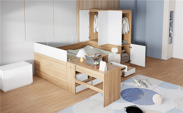 English Elm Full Size Wooden Platform Bed With 6 Drawers, Desk, Shelves & Wardrobe - Stylish Natural Finish N820S00060N
