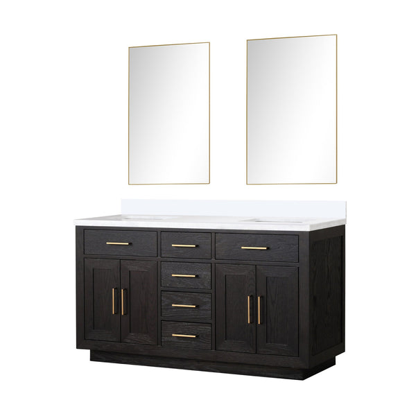 English Elm Black Oak Double Bath Vanity Set With Cultured Marble Top & Two Frameless Mirrors For Modern Style B2731S02139