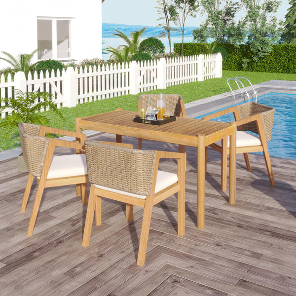 English Elm Christopher Knight Home® - Acacia Solid Acacia Wood Outdoor Dining Set of 5 with Cushions, Weatherproof Teak‑Beige Finish N779P210772L-2_N779P210771L