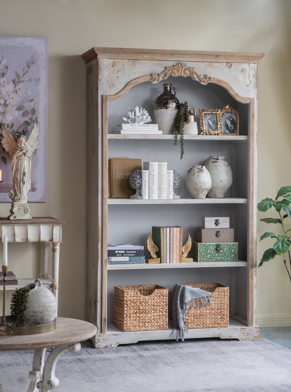 English Elm 47x16.5x75" Five Tier Fir Wood Bookcase Ornate Farmhouse Open Shelving Display Unit W2078P484435