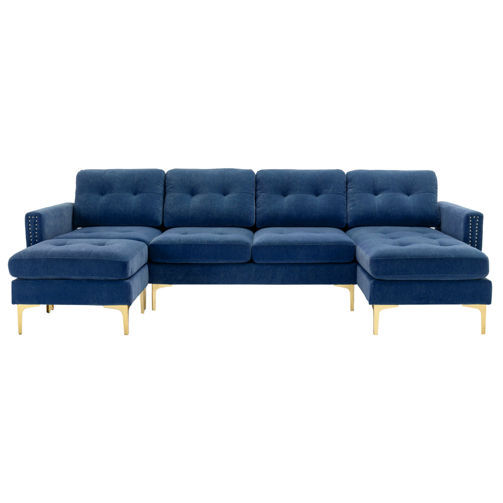 English Elm 110" L-Shape Convertible Sectional Sofa with Movable Ottoman, Velvet Upholstery, Space-Saving Modern Design Blue N719S000970C