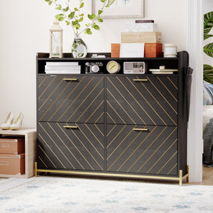 English Elm shoe cabinet Rustic Herringbone Flip Drawer Organizer — Narrow MDF Shoe Rack, Dust‑Proof, 50.1"x16.7" W2227P207764