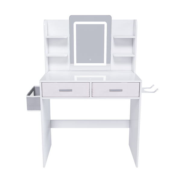 English Elm LED Mirror Vanity Dressing Table with 3-Color Lights, 2 Drawers, Hair Dryer Stand & Spacious Desk W2700P297921