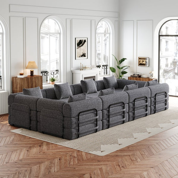 English Elm 8-seater Chenille Modular Floor Sofa Bed with Storage Pockets for Bedroom or Study W3505S00008