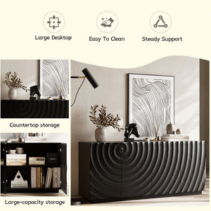 English Elm Buffet Sideboard with Wave Textured Doors Matte Black Sculptural Storage Cabinet W2263P353560