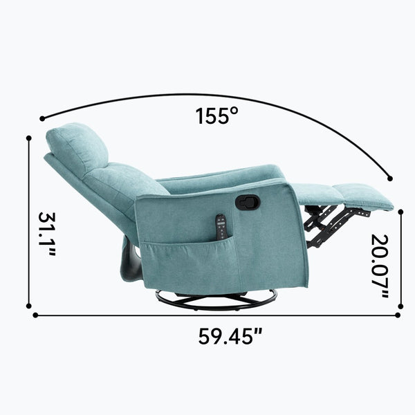 English Elm Heat Massage Rocker Swivel Recliner Fabric Chair with Lumbar Therapy for Living Room Antique Blue Green W1803P362302
