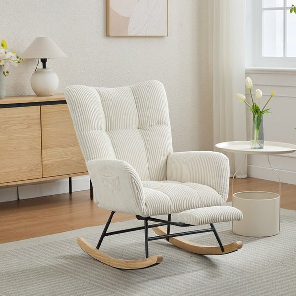 English Elm Modern Cashmere Rocking Chair Upholstered Glider with High Back, Gentle 30° Rock, Solid Wood Legs Beige W2725P265835