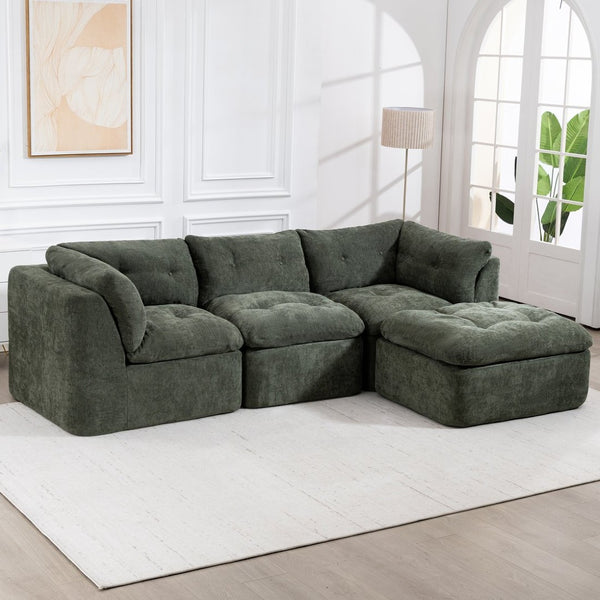 English Elm Modern Chenille Cloud Sectional with Ottoman Deep Sink Modular L Shaped Living Room Sofa Blackish Green W2379S00002