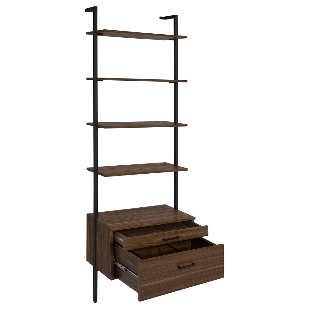 English Elm Wendell Rustic Walnut 4-Shelf Wall Bookcase with Drawer — Space-Saving Engineered Wood Storage, 96" high B062P375508