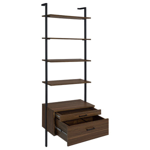 English Elm Wendell Rustic Walnut 4-Shelf Wall Bookcase with Drawer — Space-Saving Engineered Wood Storage, 96" high B062P375508