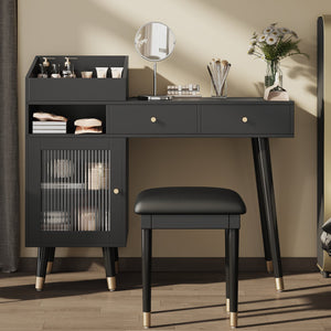 English Elm Modern Makeup Vanity Desk with Reeded Glass Door, 4-Compartment Cubby, Charging Port & Stool Comfortable Craftsmanship for Compact Spaces Black N844P285187B