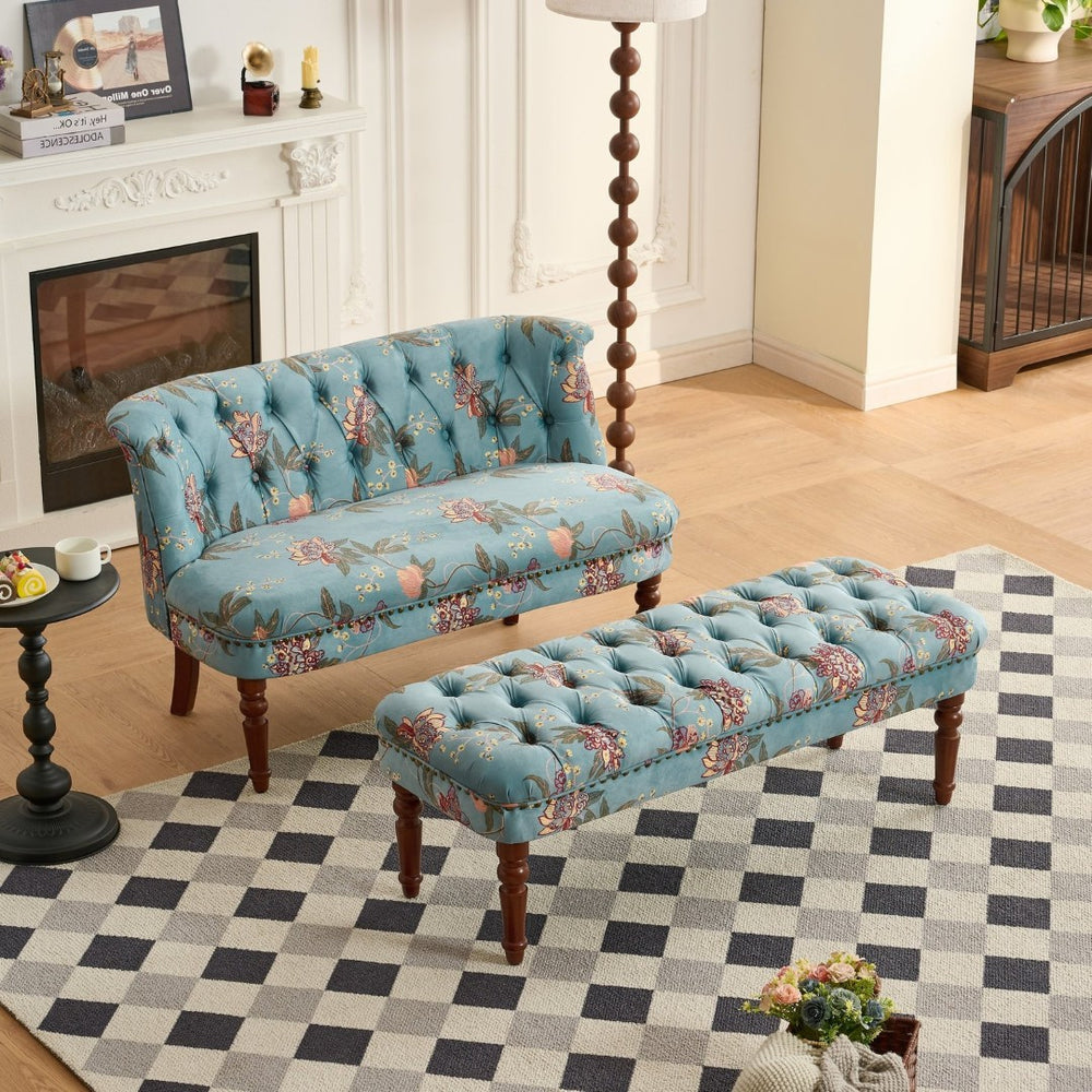 English Elm Sofa Accent Chair Tufted Floral Upholstery Turned Wood Legs European Vintage Bedroom W3373S00076