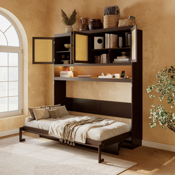 English Elm Twin Murphy Bed with Rattan Cabinet Doors Led Lighting and Usb Charging for Small Spaces Espresso LP000740AAP