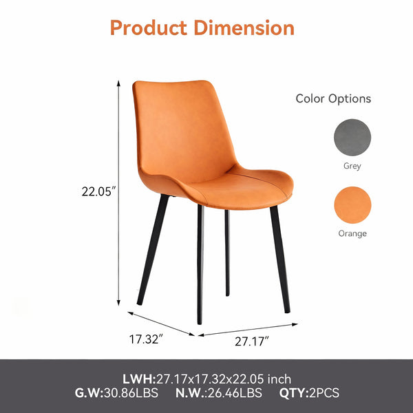 English Elm Orange PU Leather Dining Chairs Set of 2 with Black Iron Legs — Luxurious Wide Seats, Sturdy Durable Design W1911P339580