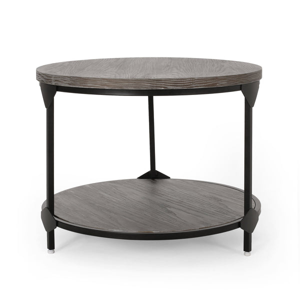 English Elm Christopher Knight Home® - COFFEE Lenka Modern Industrial Round Coffee Table - Gray Faux Wood Top, Black Iron Frame, Shelf Durable Design 67506.00GRY
