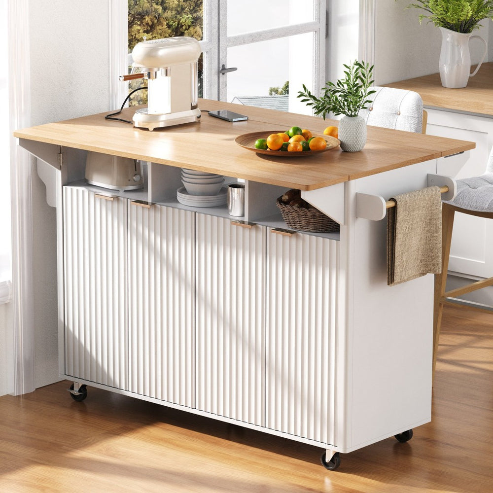English Elm K&k Fluted Rolling Kitchen Island Faux Marble Top Power Outlet Storage Drawers White N707P353934W