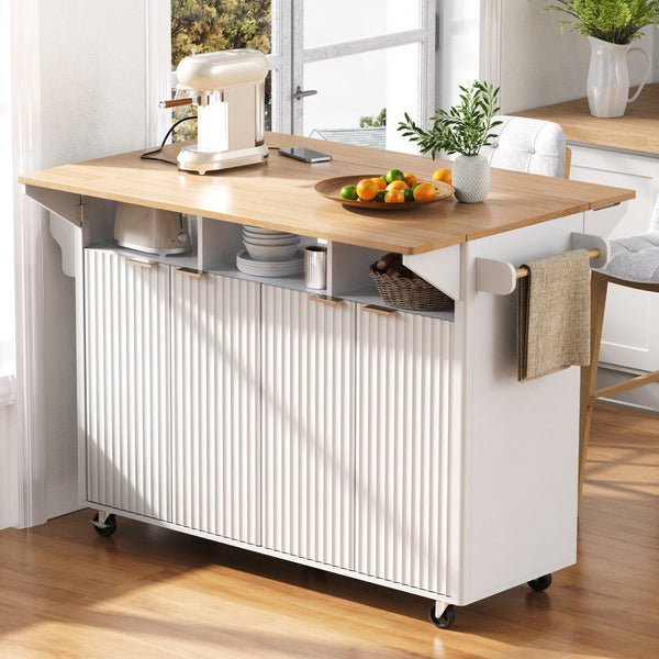 English Elm K&k Fluted Rolling Kitchen Island Faux Marble Top Power Outlet Storage Drawers White N707P353934W