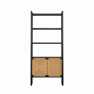 English Elm Natural Rattan Bookshelf with Matte Black Frame Open Display and Closed Storage Cabinet W2263P395493