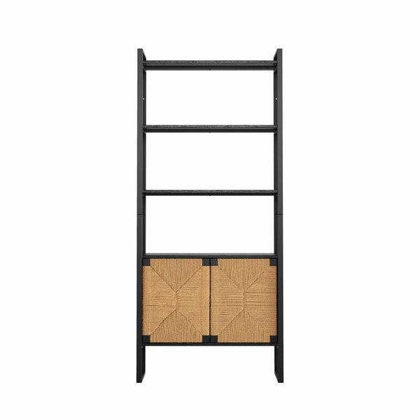 English Elm Natural Rattan Bookshelf with Matte Black Frame Open Display and Closed Storage Cabinet W2263P395493