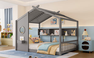 English Elm Full House Floor Bed with Roof Playhouse Design, Montessori Style with Rear Storage Shelf, Sturdy Pine Gray 78.5 L x 16.35 W x 8 H N733P335068E