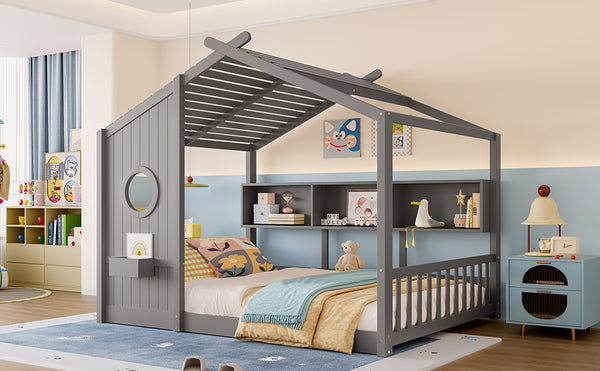 English Elm Full House Floor Bed with Roof Playhouse Design, Montessori Style with Rear Storage Shelf, Sturdy Pine Gray 78.5 L x 16.35 W x 8 H N733P335068E