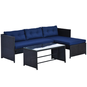 English Elm Loveseat Patio Set with Chaise and Glass Top Table Handwoven Rattan Outdoor Lounge T3971P386540