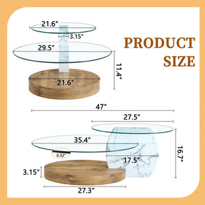 English Elm Contemporary Dual Tier Oval Glass Coffee Table with Marble and Wood Tone Base W1151P233589