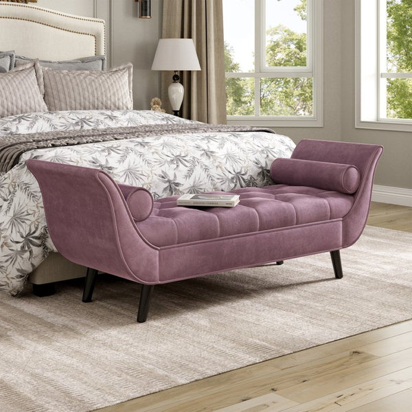 English Elm Upholstered Velvet Tufted Bench with Bolster Pillows Solid Oak Legs Bedroom Entryway Purple N761P304407P
