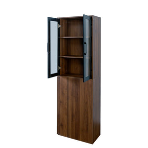 English Elm 70.87" Display Storage Cabinet with 4-Tier Pull-Out Shelves and Glass Doors for Kitchen & Living Room Walnut W331P295246
