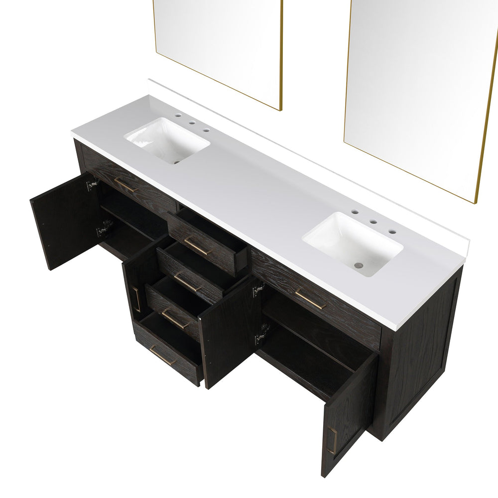 English Elm Brown Oak Double Bath Vanity Set With White Quartz Top & 36" Frameless Mirrors For Timeless Style B2731S01553
