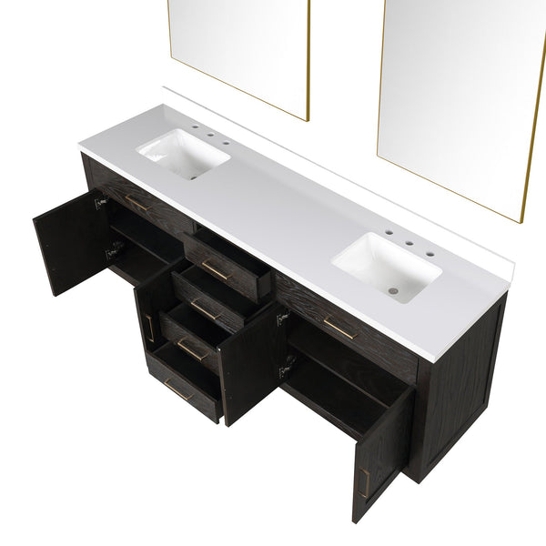English Elm Brown Oak Double Bath Vanity Set With White Quartz Top & 36" Frameless Mirrors For Timeless Style B2731S01553