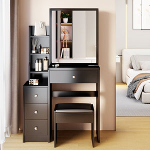 English Elm 29.2" Small Space Bedside Vanity Table with Cushioned Stool, Sliding Right Mirror, Multi-Layer Storage Organizing Dresser Black W936P176298