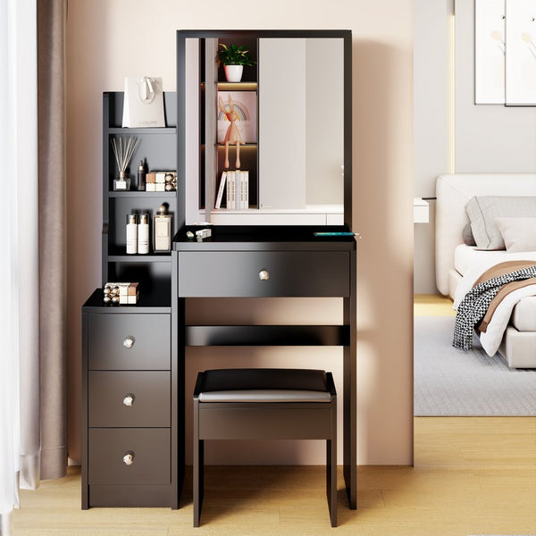 English Elm 29.2" Small Space Bedside Vanity Table with Cushioned Stool, Sliding Right Mirror, Multi-Layer Storage Organizing Dresser Black W936P176298
